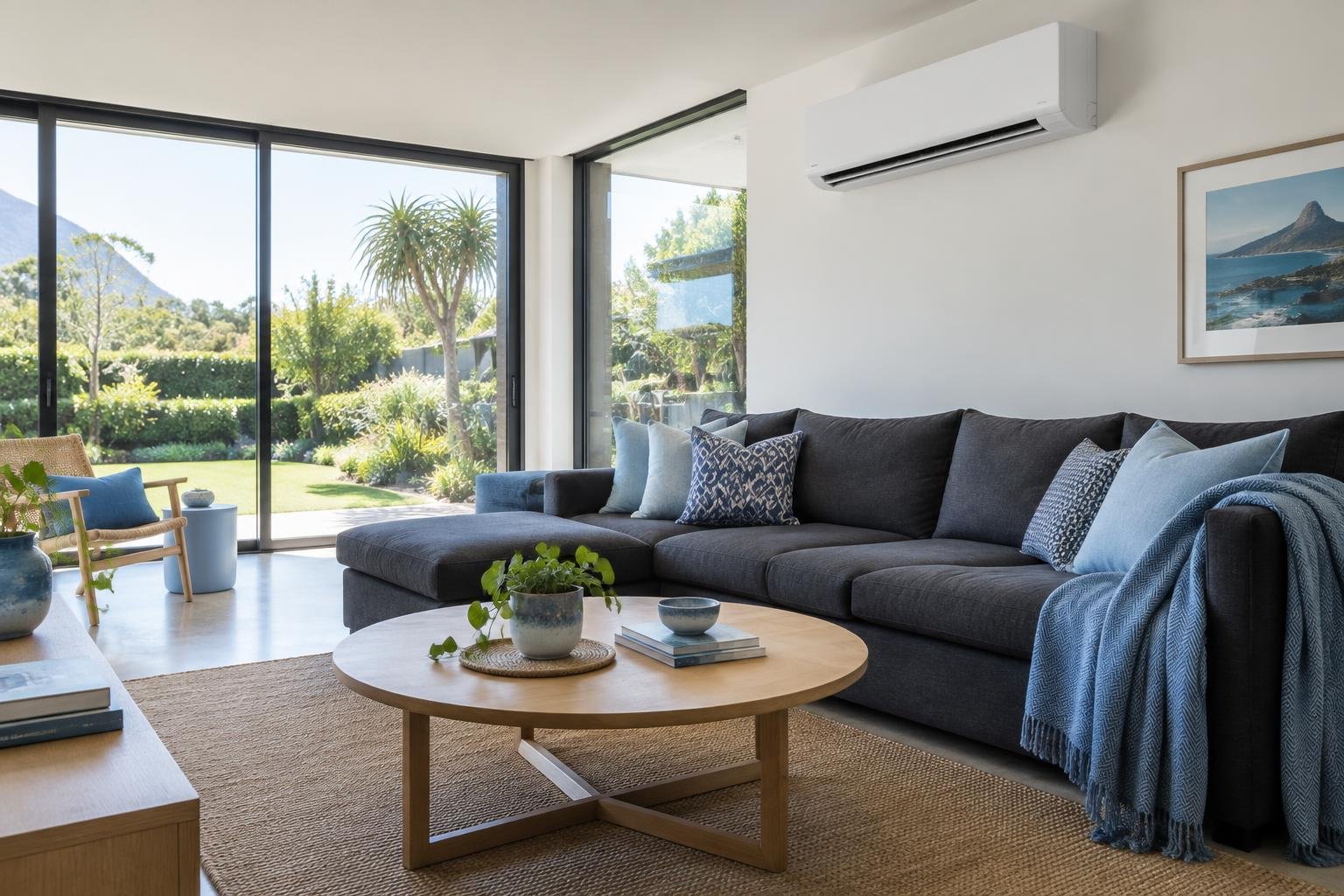 A split air conditioner in a comfortable modern living room